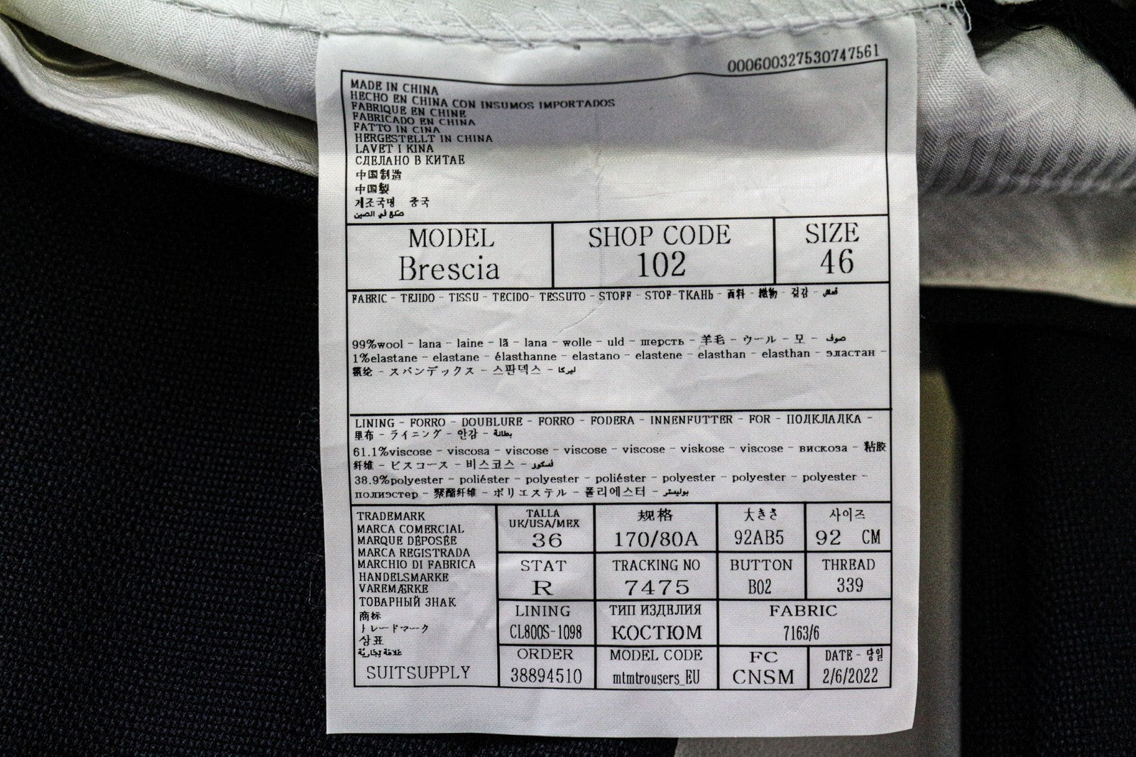 SUITSUPPLY Brescia Men's Trousers UK36R Navy Slim Stretch Flat-Front Wool