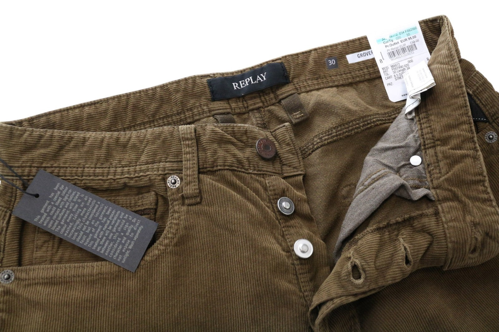 REPLAY Grover Men's Trousers W30/L34 Brown Corduroy Velvet Stretch Straight