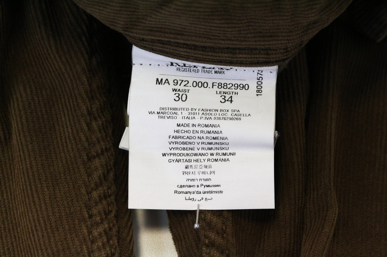 REPLAY Grover Men's Trousers W30/L34 Brown Corduroy Velvet Stretch Straight