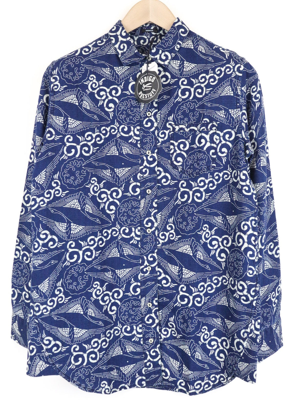 DENHAM Stories Women's Shirt M Indigo Blue Dyed Cotton Linen Nautical Pattern