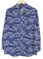 DENHAM Stories Women's Shirt M Indigo Blue Dyed Cotton Linen Nautical Pattern