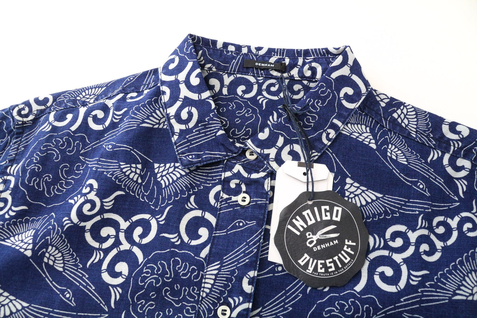 DENHAM Stories Women's Shirt M Indigo Blue Dyed Cotton Linen Nautical Pattern