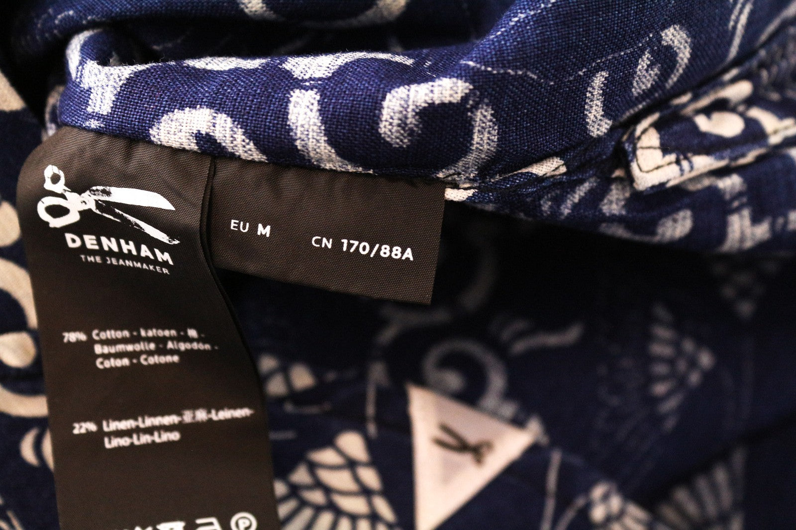 DENHAM Stories Women's Shirt M Indigo Blue Dyed Cotton Linen Nautical Pattern