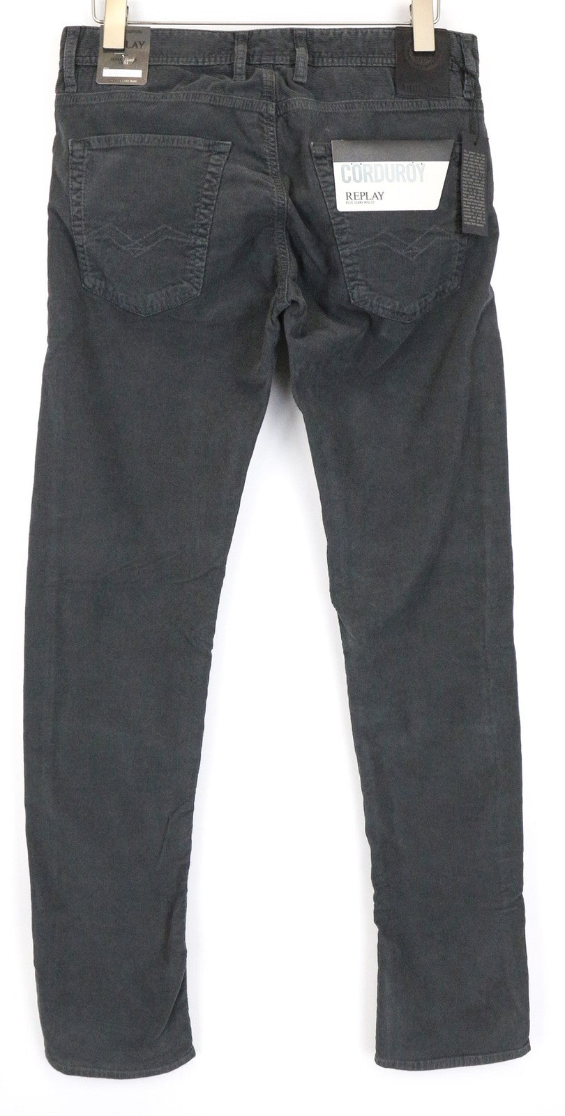 REPLAY Grover Men's Trousers W31/L34 Grey Corduroy Straight Fit Stretch Pants