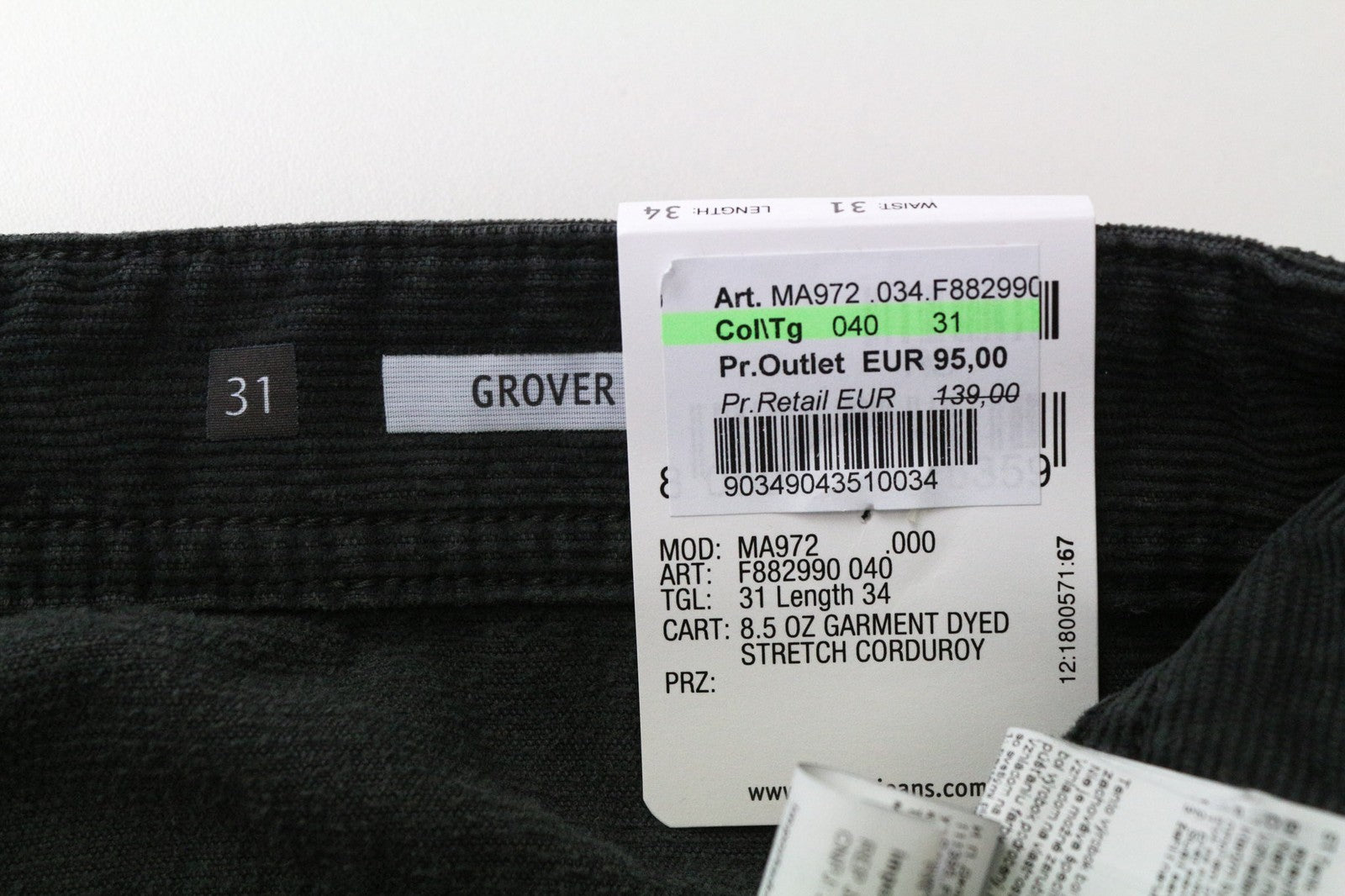 REPLAY Grover Men's Trousers W31/L34 Grey Corduroy Straight Fit Stretch Pants