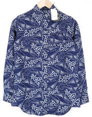 DENHAM Stories Women's Shirt XS Blue Cotton Linen Oriental Print Button-Up