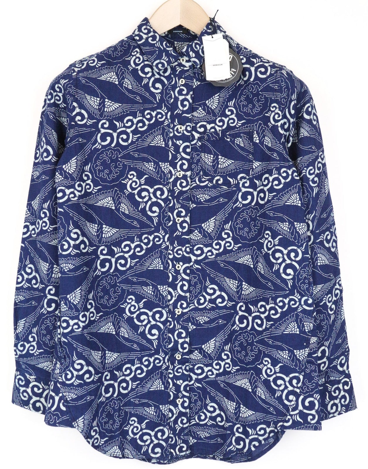 DENHAM Stories Women's Shirt XS Blue Cotton Linen Oriental Buttoned Pattern