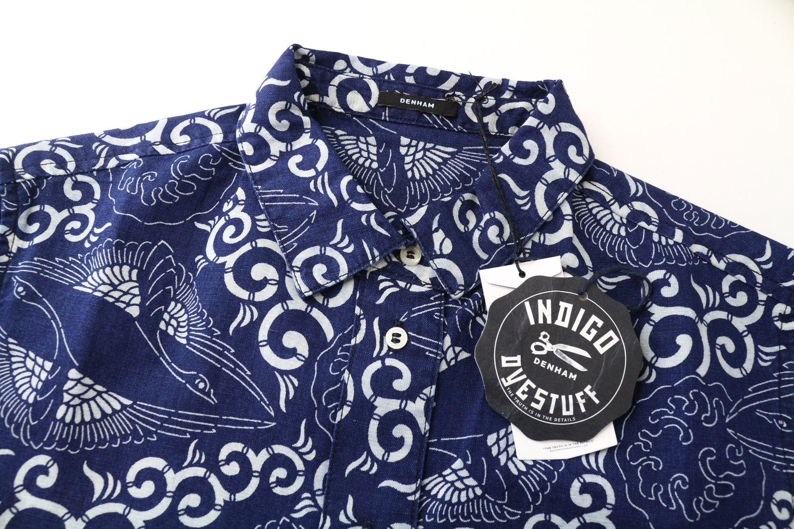 DENHAM Stories Women's Shirt XS Blue Cotton Linen Oriental Buttoned Pattern