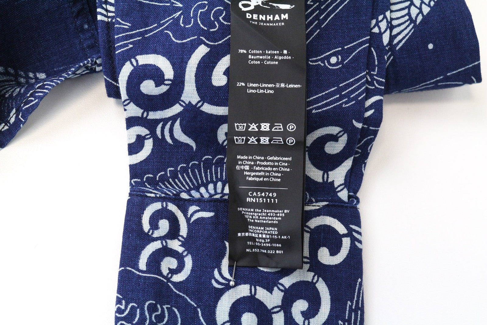 DENHAM Stories Women's Shirt XS Blue Cotton Linen Oriental Buttoned Pattern