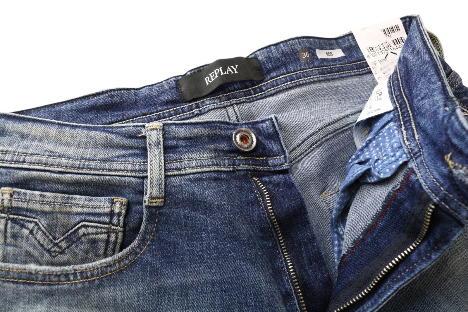 REPLAY Rob Men's Jeans W30/L34 Blue Tapered Straight Stretch Distressed Wash