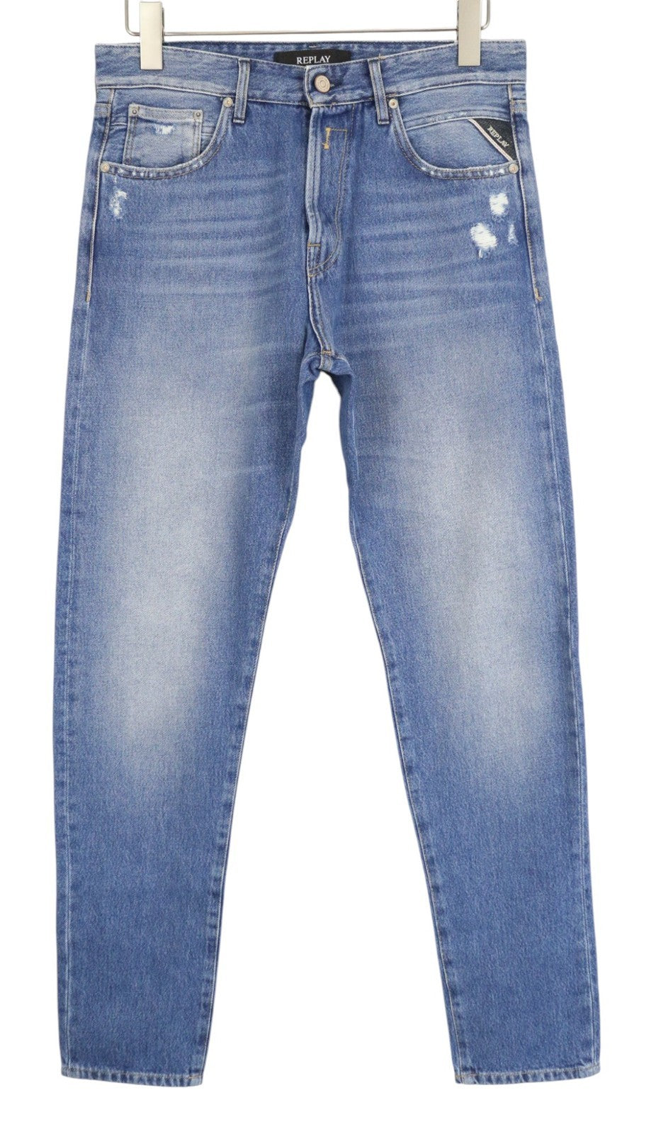 REPLAY Tinmar Men's Jeans W30/L32 Blue Non-Stretch Distressed Button Tapered