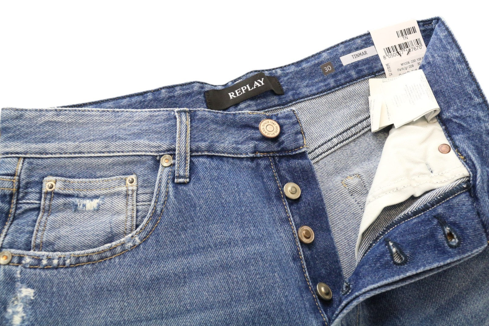 REPLAY Tinmar Men's Jeans W30/L32 Blue Non-Stretch Distressed Button Tapered
