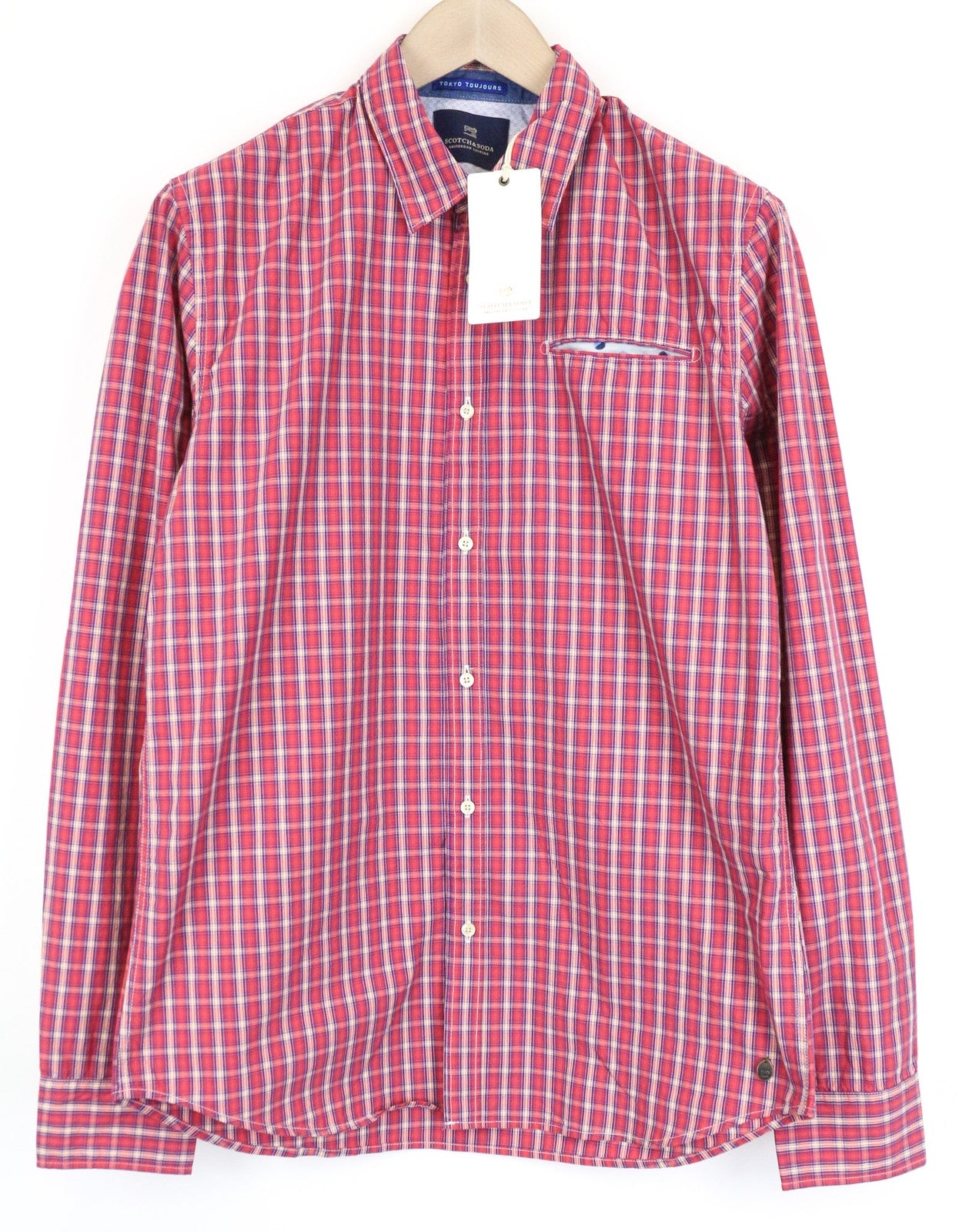 SCOTCH & SODA Men's Shirt L Red Cotton Check Classic Spread Collar Buttoned