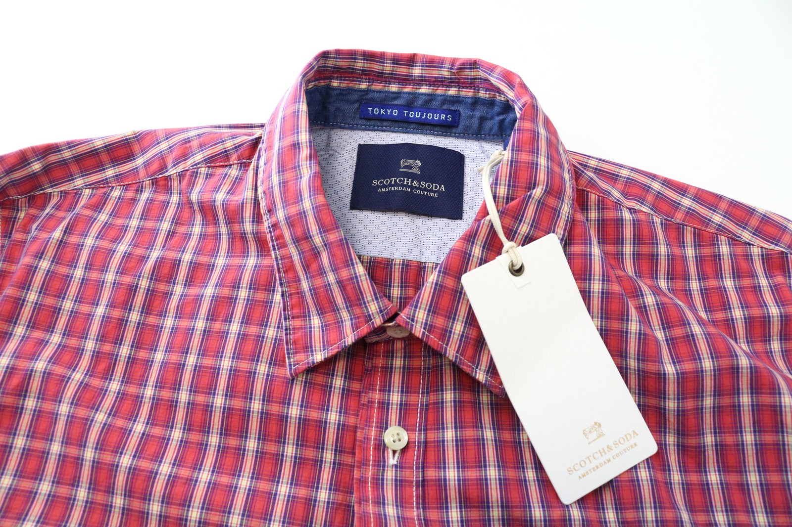 SCOTCH & SODA Men's Shirt L Red Cotton Check Classic Spread Collar Buttoned