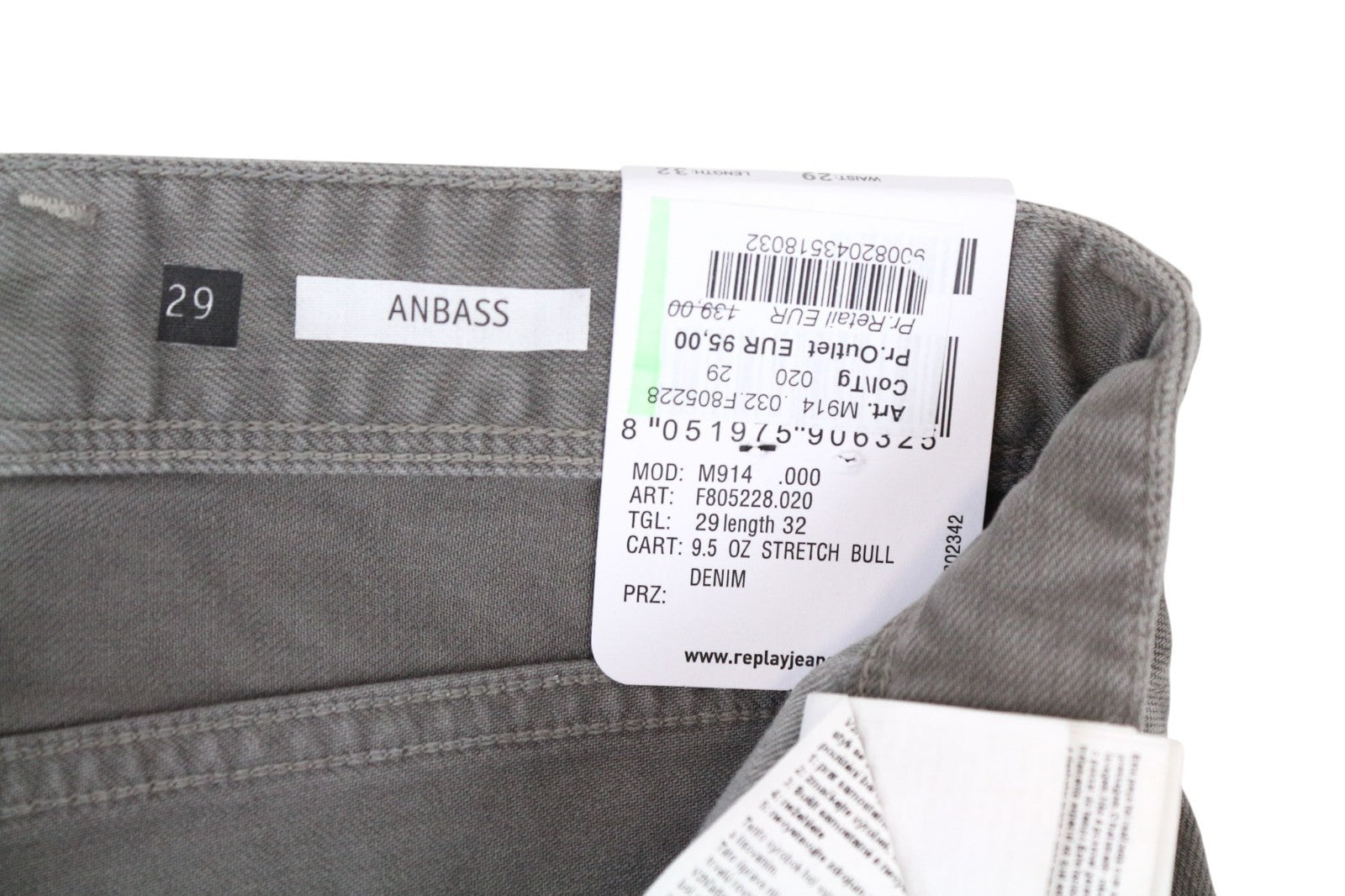 REPLAY Anbass Men Jeans W29/L32 Slim Fit Casual Grey Cotton Stretch Denim