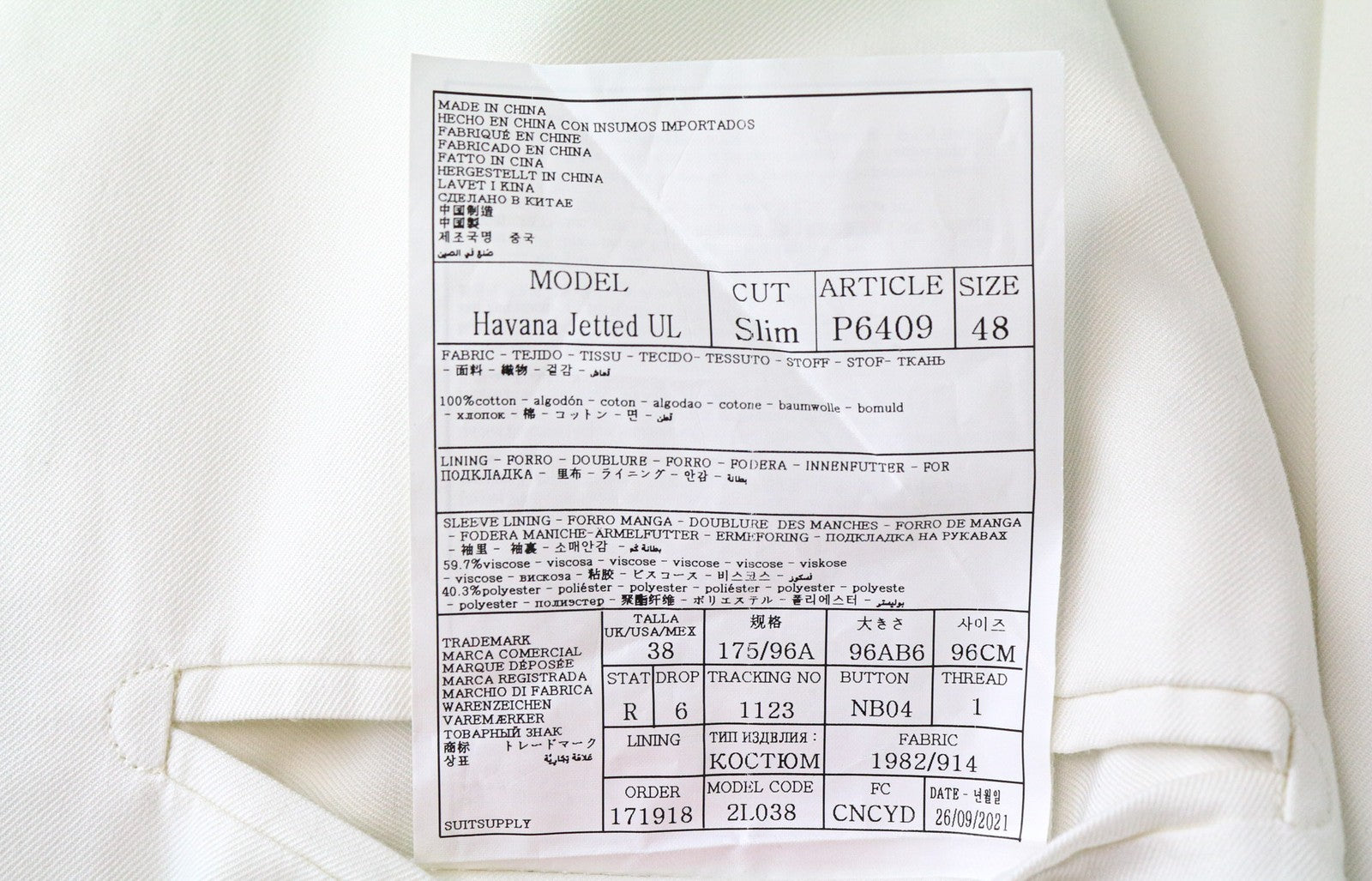 SUITSUPPLY Havana Jetted Men Suit UK38R White 2-Piece Slim Pure Cotton Twill
