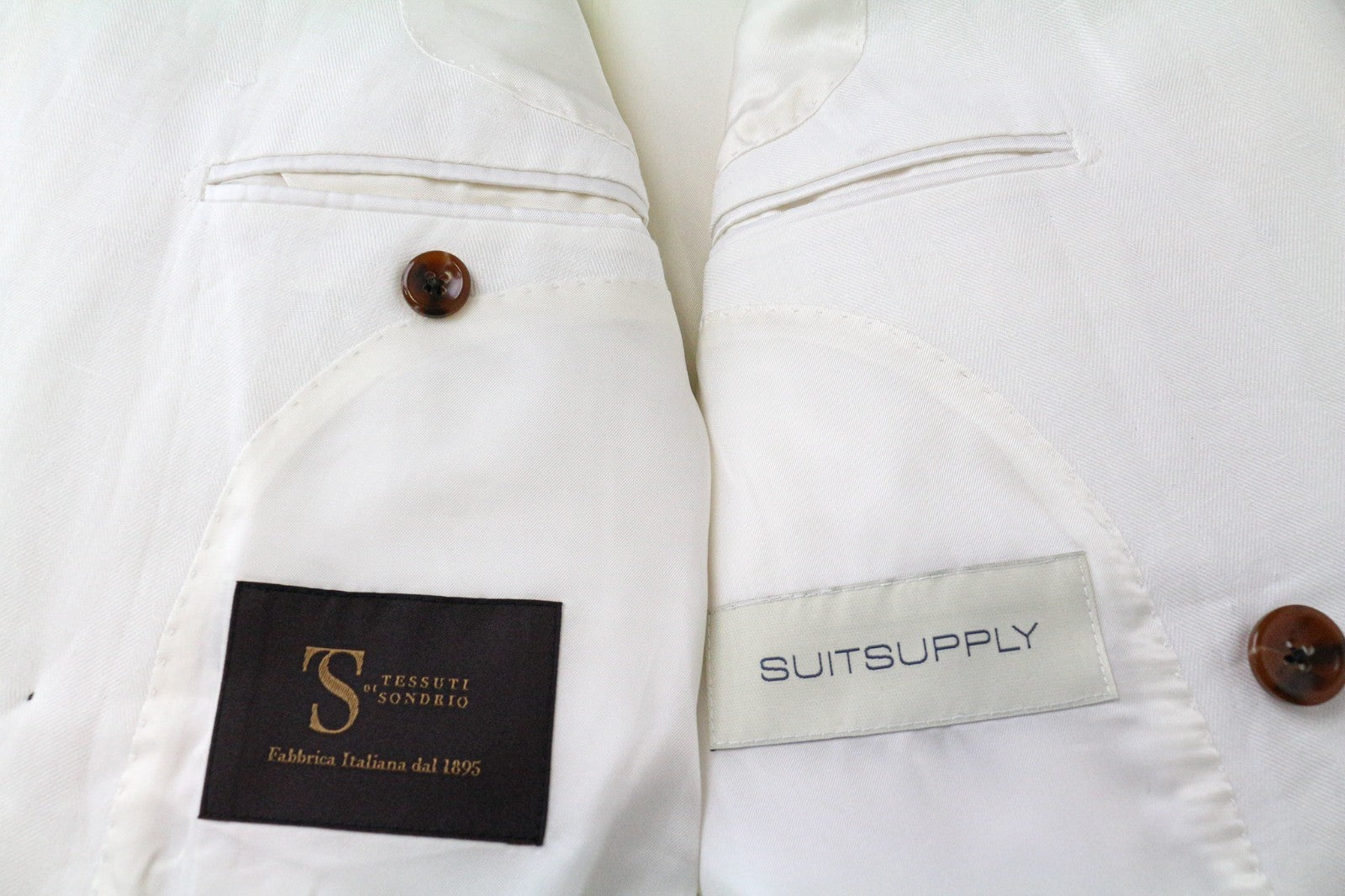 SUITSUPPLY La Spalla Men Blazer UK34R White Slim Two-Row Herringbone Linen Mix