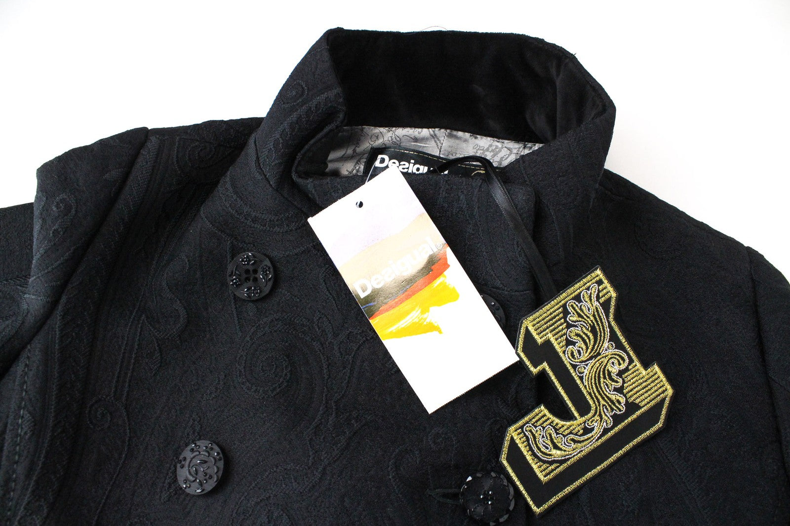 DESIGUAL Innocense Women Coat 28 M Black Two-Row Jacquard Pattern Wool