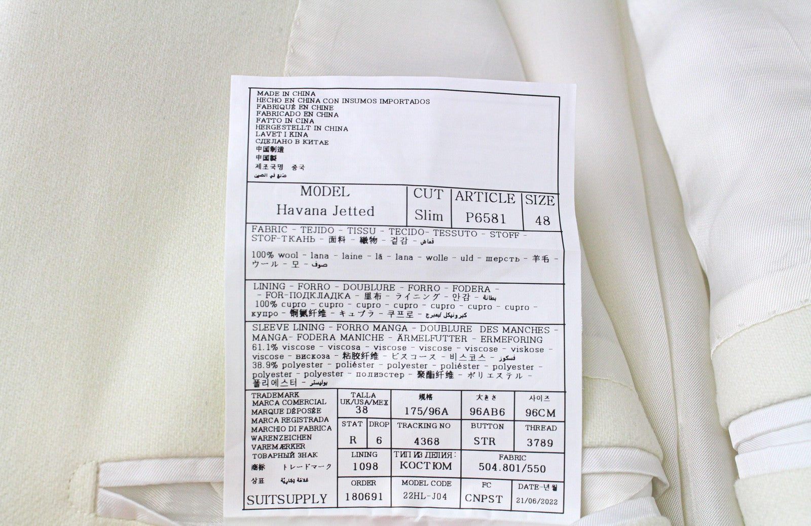 SUITSUPPLY Havana Jetted Men Suit UK38R Off-White Slim 2-Piece Wool Flannel