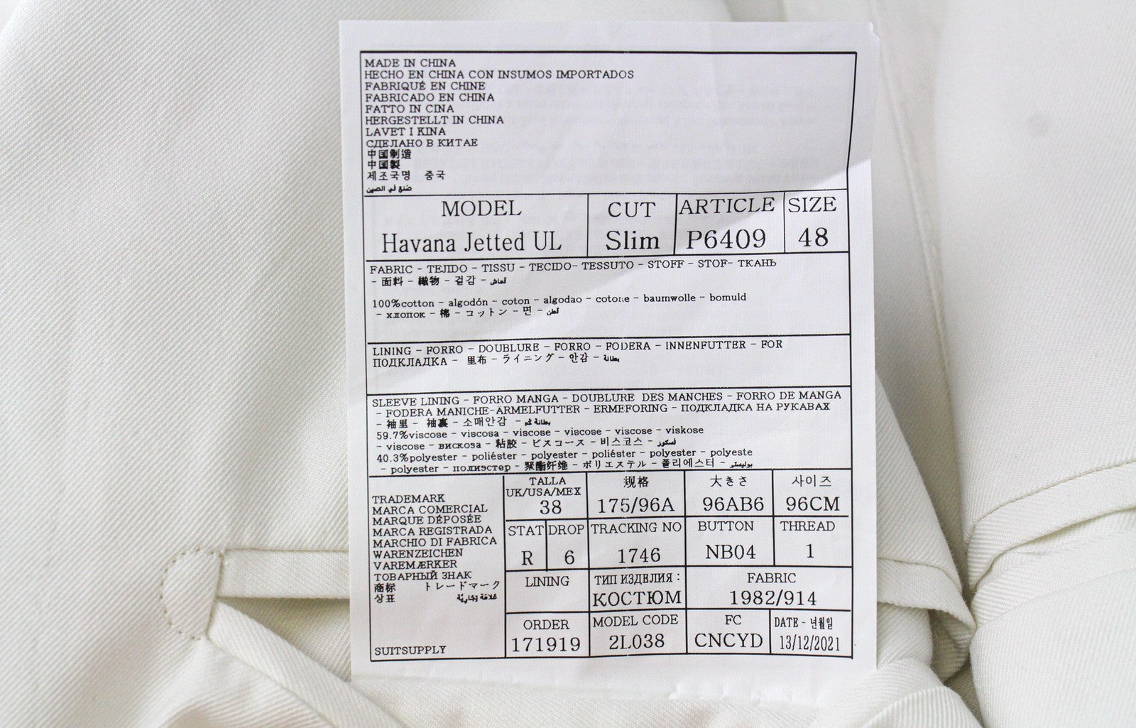 SUITSUPPLY Havana Jetted Men Suit UK38R Pure Cotton White Slim 2-Piece Unlined