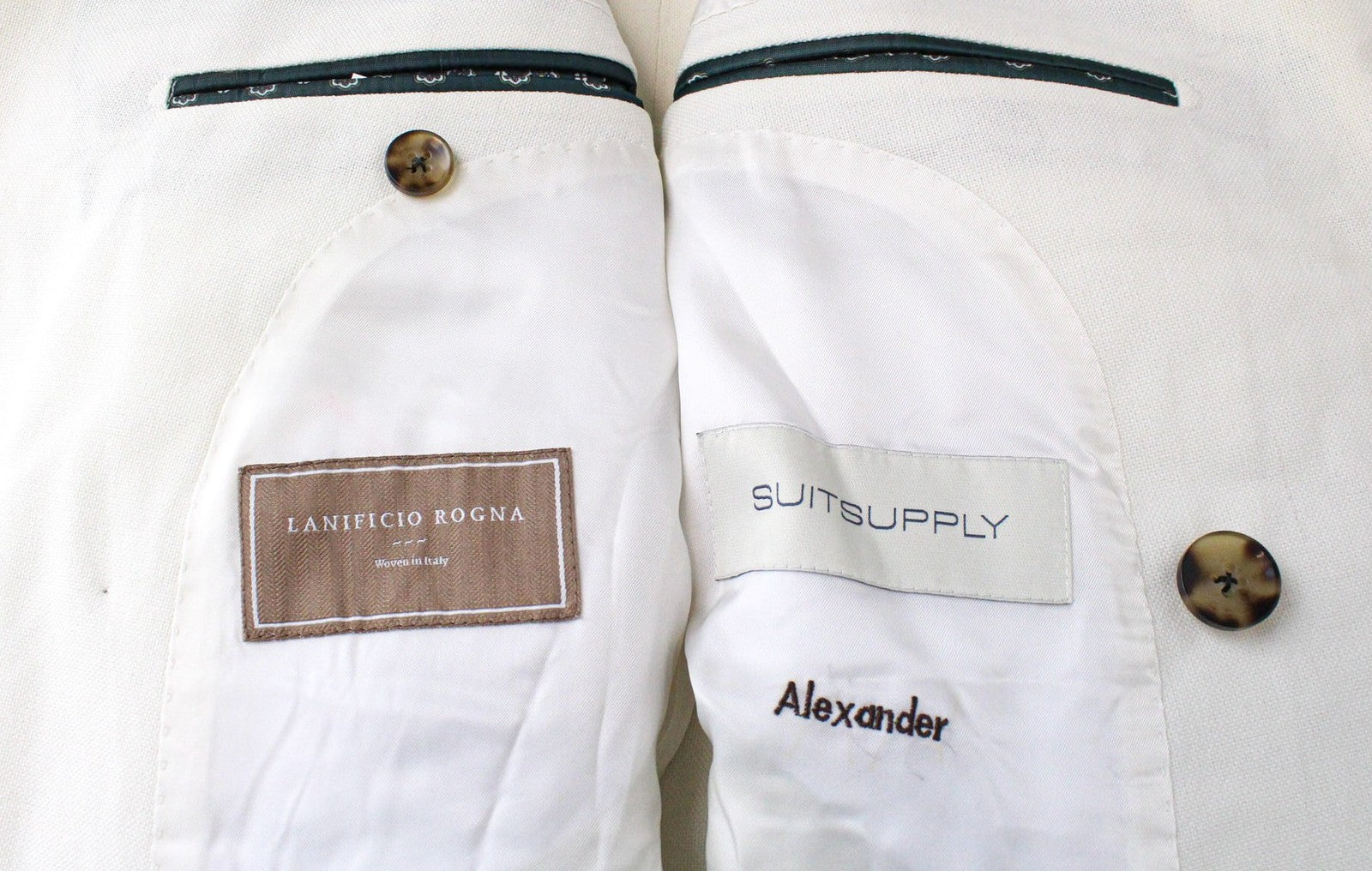 SUITSUPPLY La Spalla Men Suit UK30R Off-White Slim 2-Piece Two-Row Pure Wool