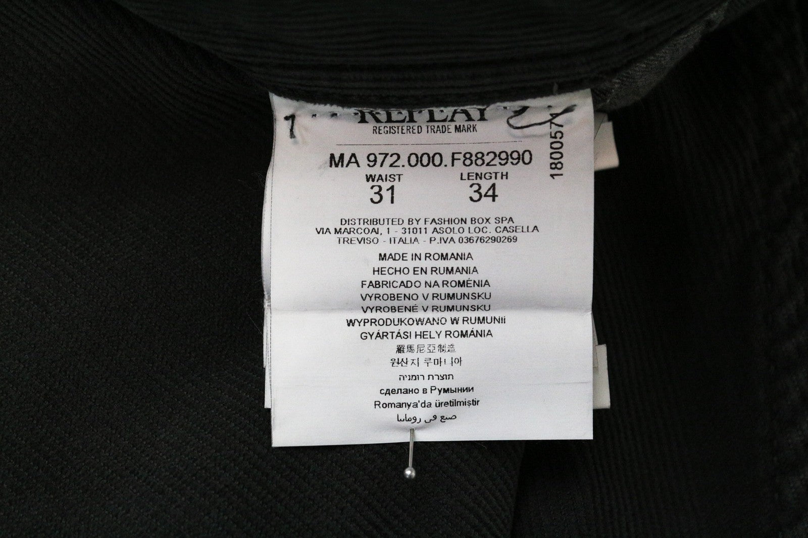 REPLAY Grover Men's Trousers W31/L34 Grey Corduroy Stretch Straight Cotton