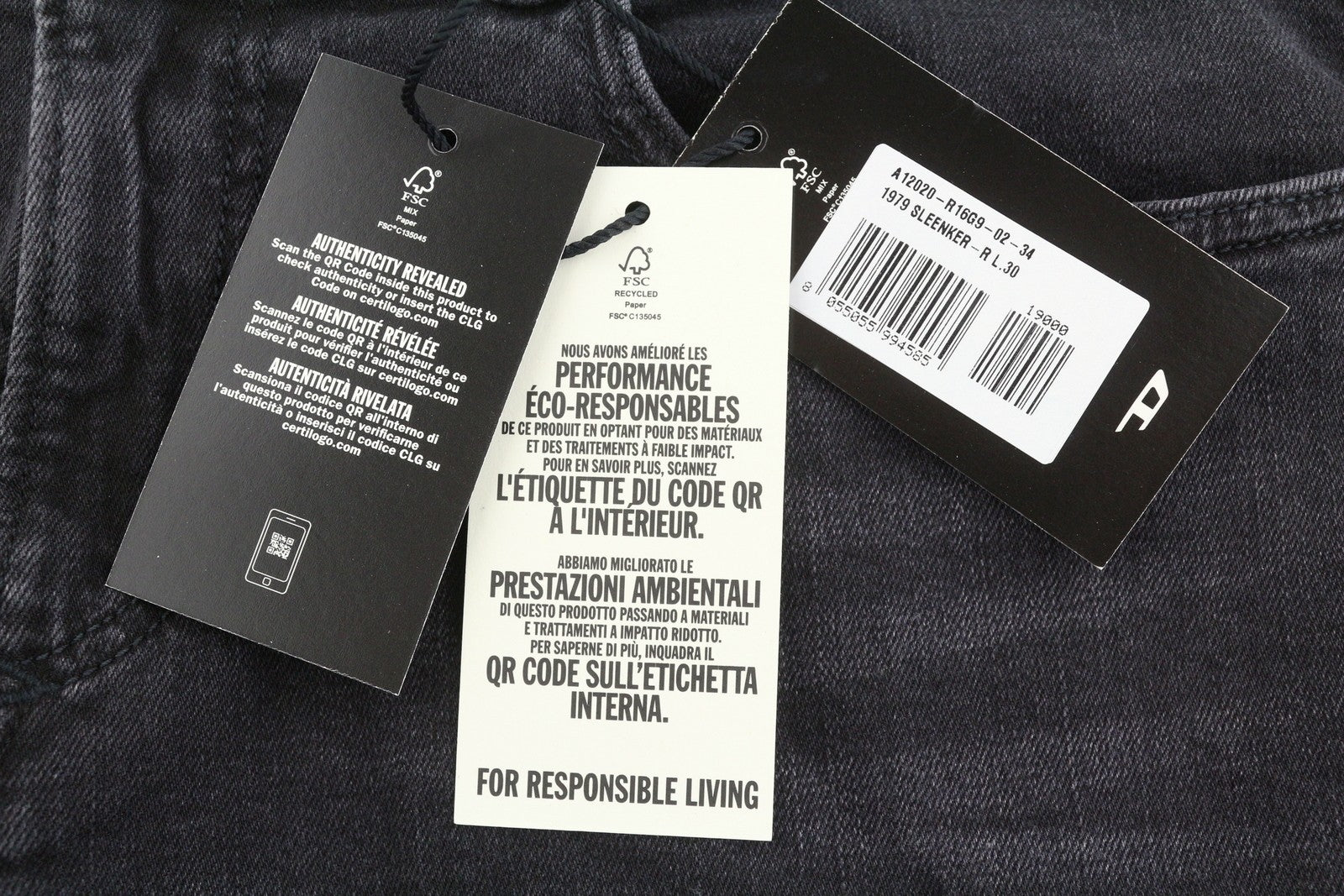 DIESEL Sleenker-R R16G9 Men Jeans W34/L30 Black Whiskers Faded Skinny RRP150