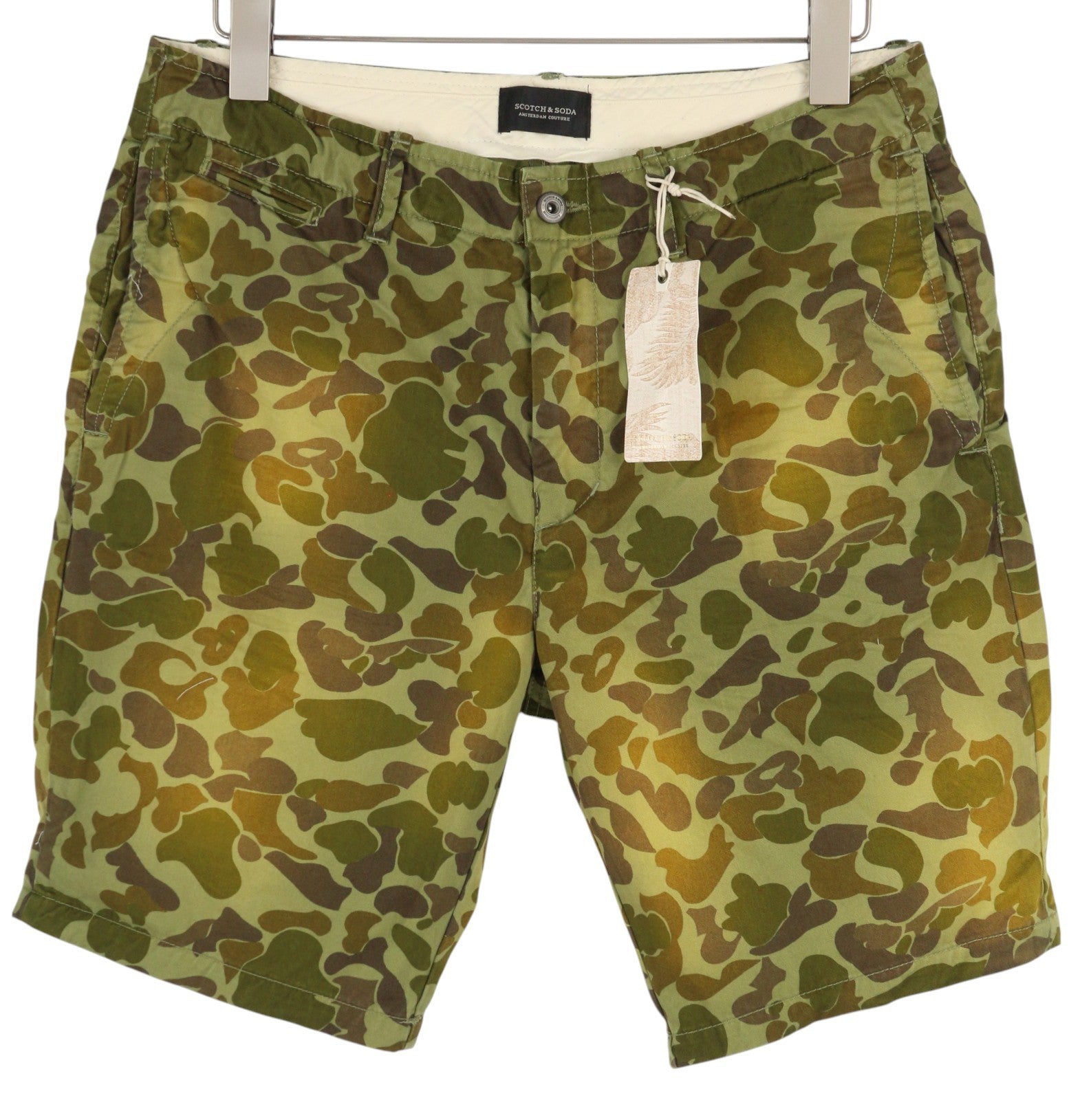 SCOTCH & SODA Men Shorts W32 Chino Washed Green Patterned Zip Fly Logo Casual