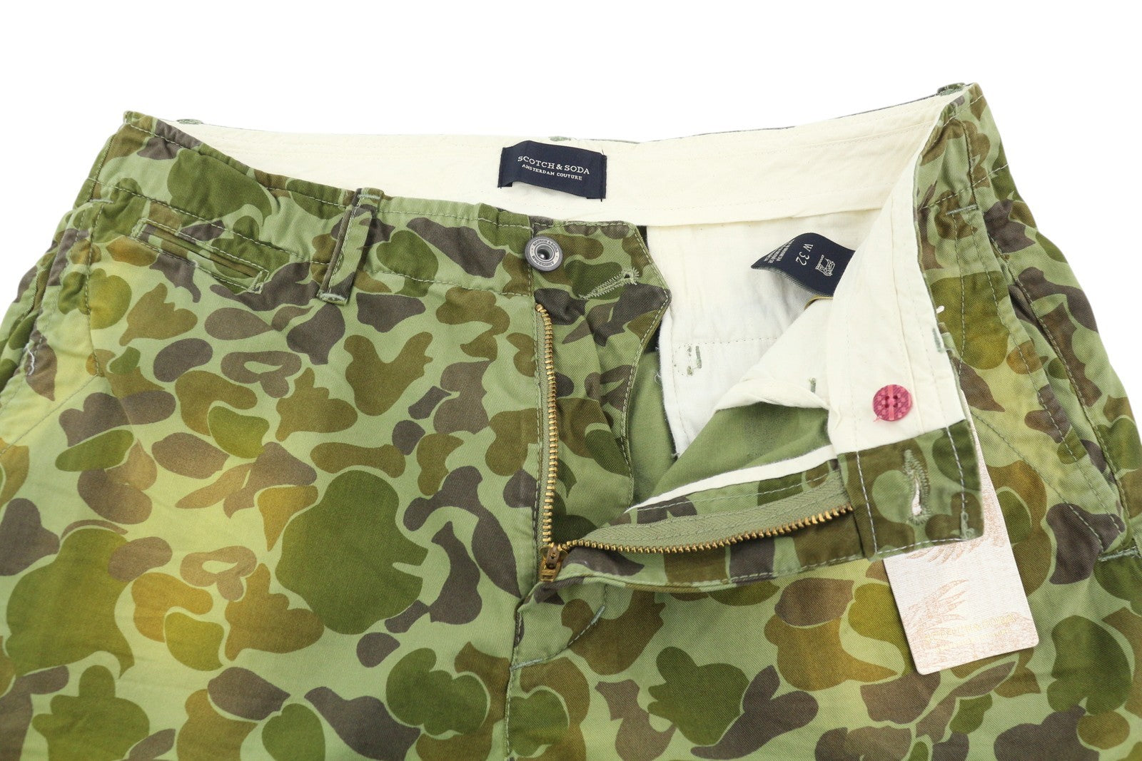 SCOTCH & SODA Men Shorts W32 Chino Washed Green Patterned Zip Fly Logo Casual