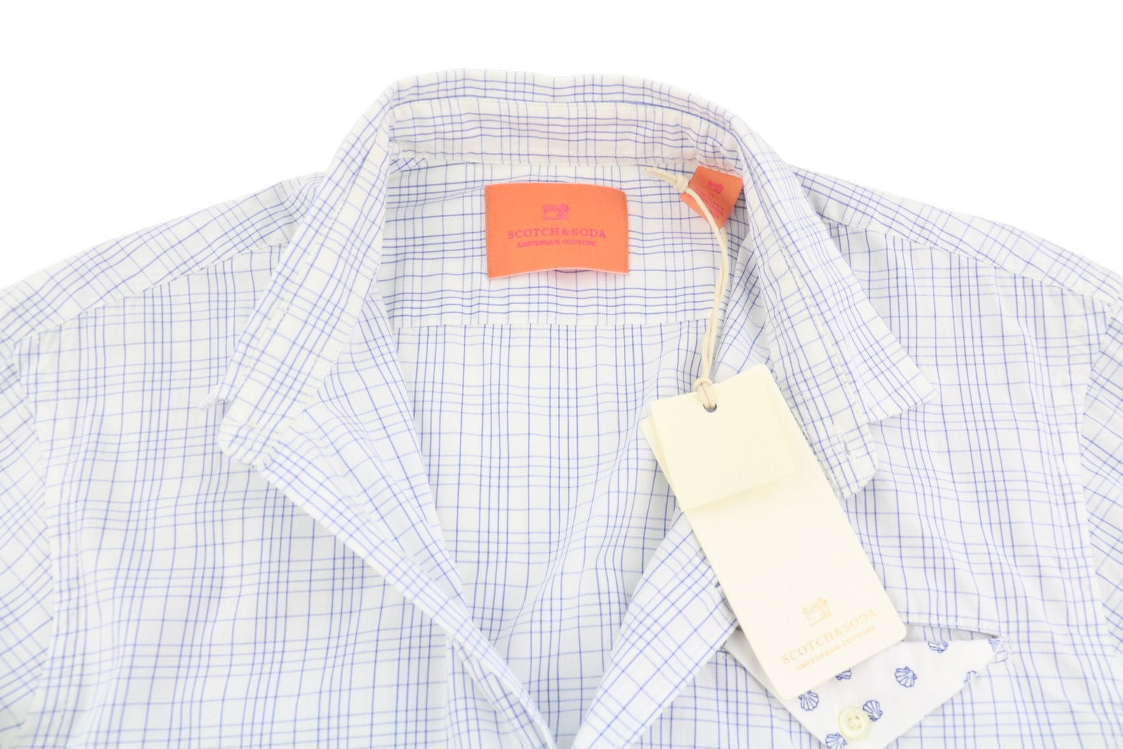 SCOTCH & SODA Men's Shirt S White Plaid Cotton Button-Up Pocket Spread