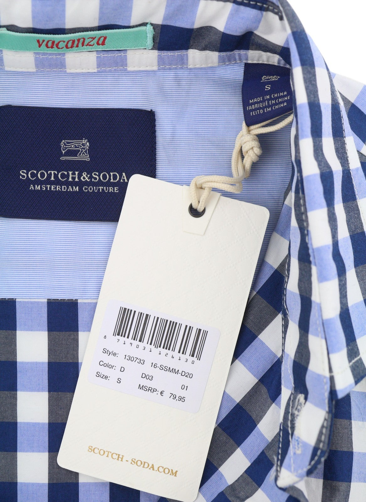 SCOTCH & SODA Men's Shirt S Blue Check Cutaway Neck Long Sleeve Button-Up
