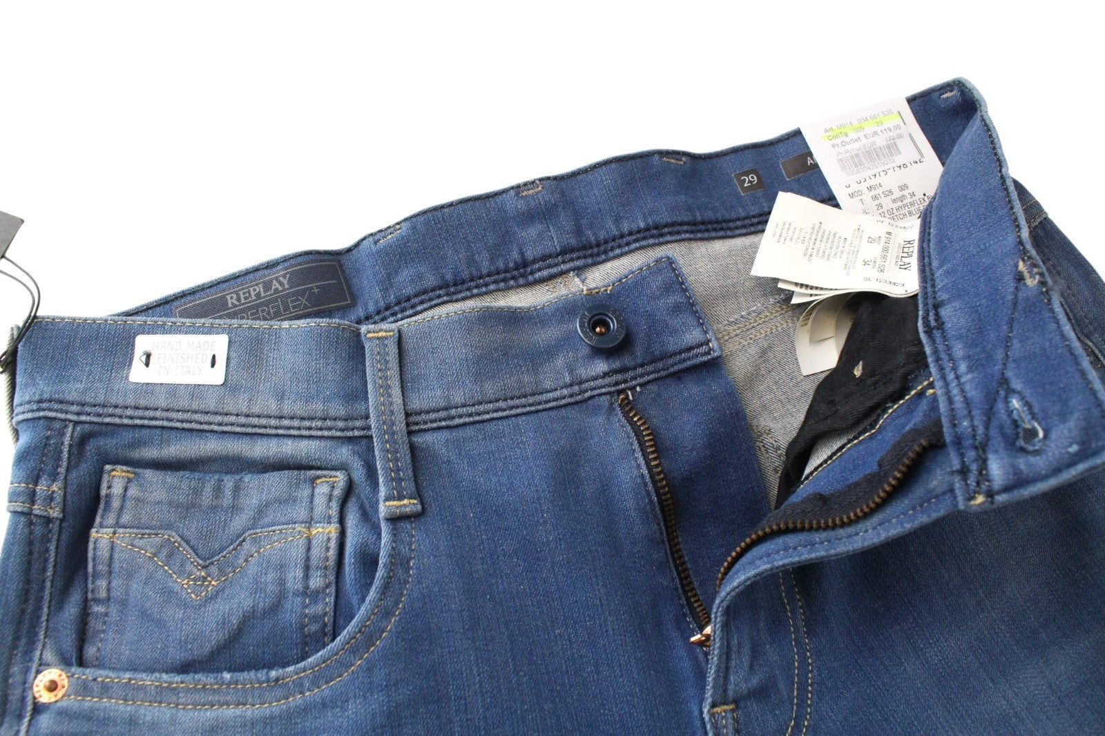 REPLAY Anbass Men Jeans W29/L34 Blue Slim Hyperflex Bi-Stretch Twill Zipped