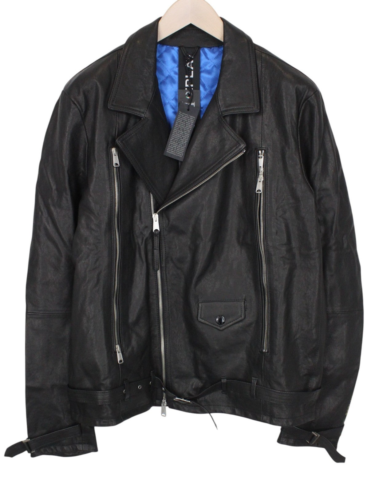 REPLAY Men Jacket XL Black Genuine Leather Biker Logo Lined Zip Up RRP499