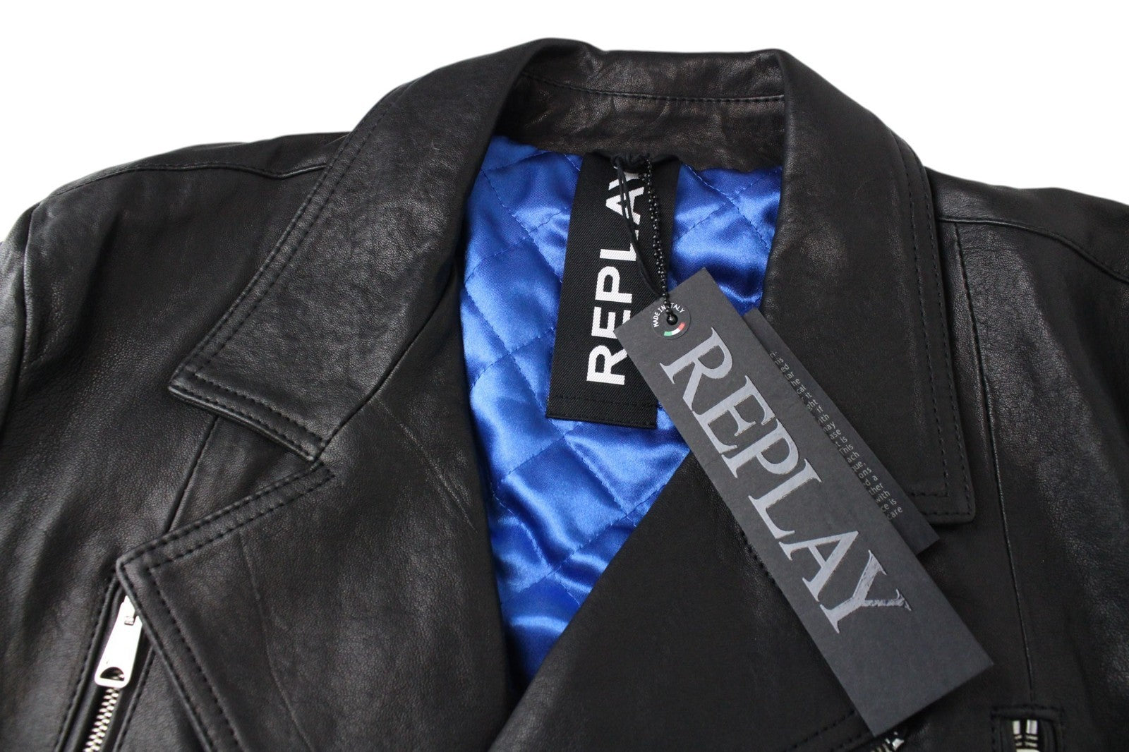 REPLAY Men Jacket XL Black Genuine Leather Biker Logo Lined Zip Up RRP499