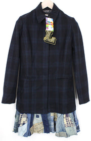 DESIGUAL Snow Robot Women Coat EU36 S Wool Navy Blue Designer Mid-Length Checked