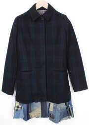 DESIGUAL Snowrobot Women Coat 38 M Dark Blue Checked Lined Cotton Linen Blend