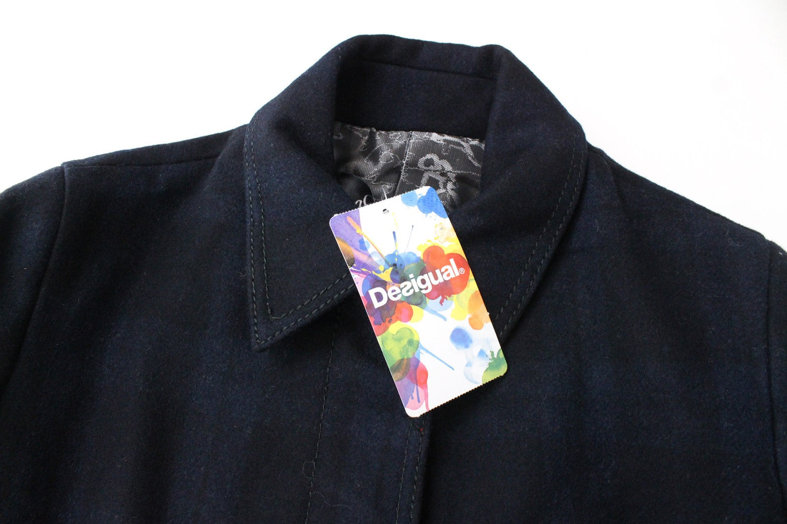 DESIGUAL Snowrobot Women Coat 38 M Dark Blue Checked Lined Cotton Linen Blend