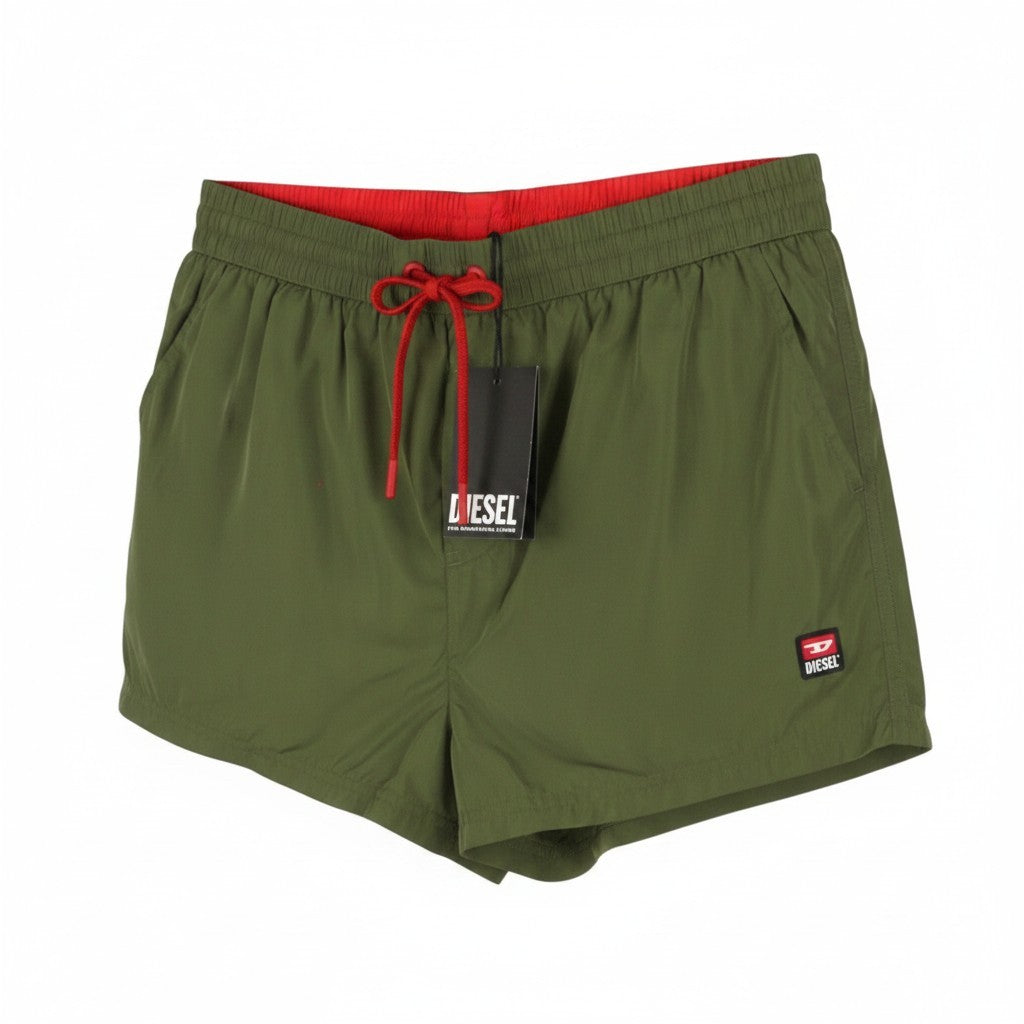 DIESEL BMBX-Mike-Patch Men Swimwear XL Khaki Green Mesh Inside Drawstring Waist