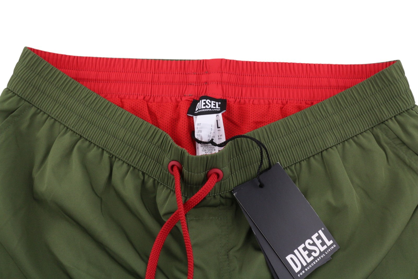 DIESEL BMBX-Mike-Patch Men Swimwear L Khaki Green Mesh Inside Drawstring Waist