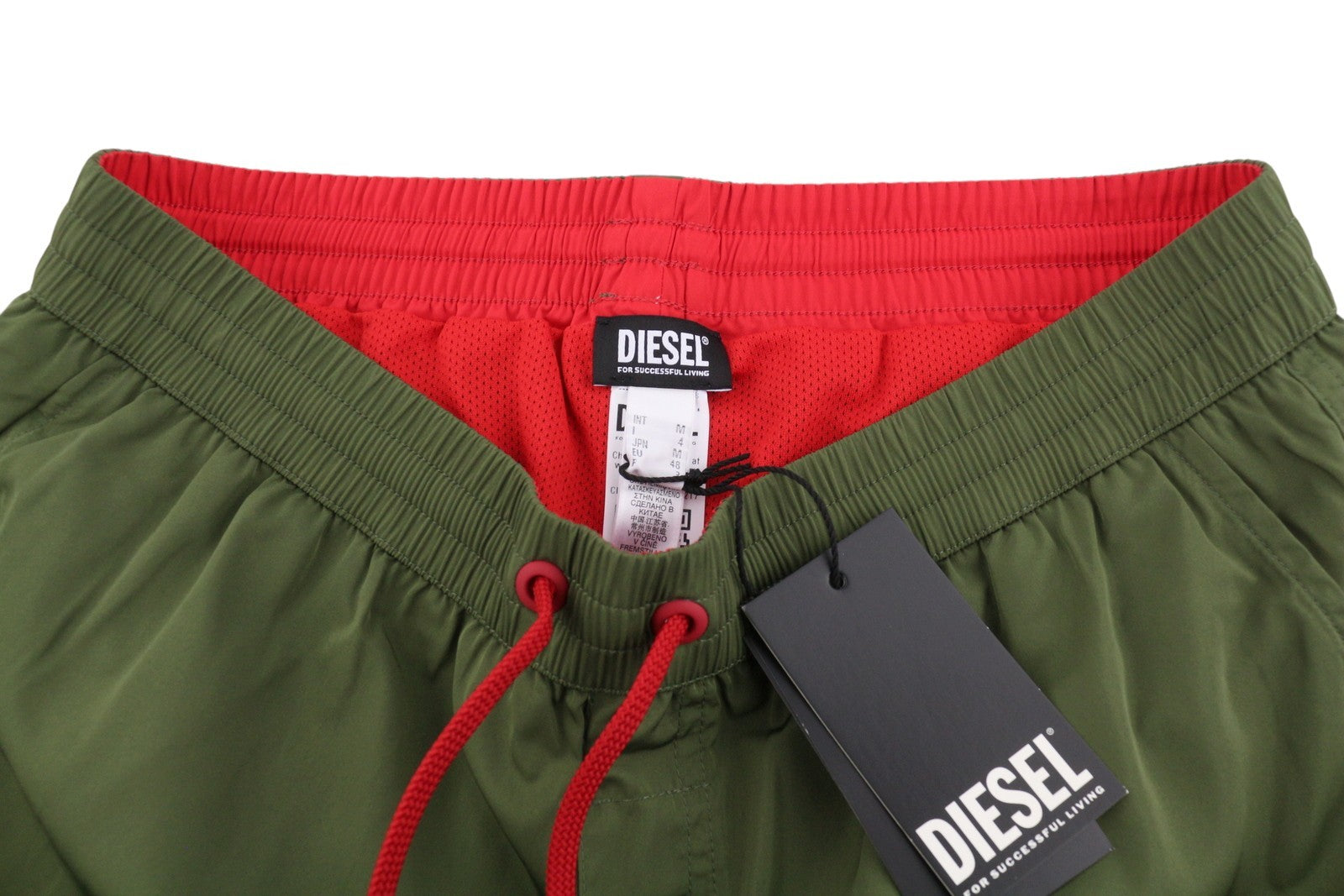 DIESEL BMBX-Mike-Patch Men Swimwear M Khaki Green Mesh Inside Drawstring Waist