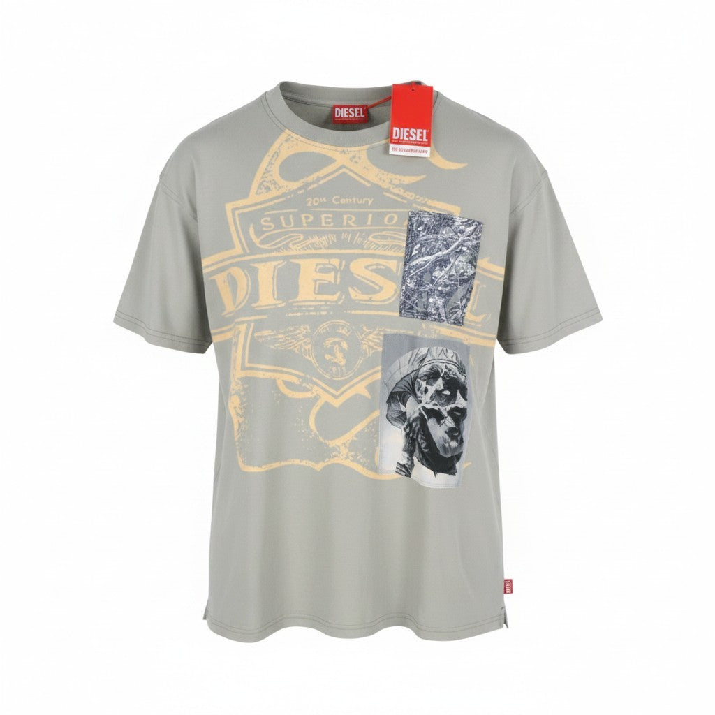 DIESEL T-Boxt-Slits-R8 Men T-Shirt XL Grey Patches Oversized Short Sleeve RRP175