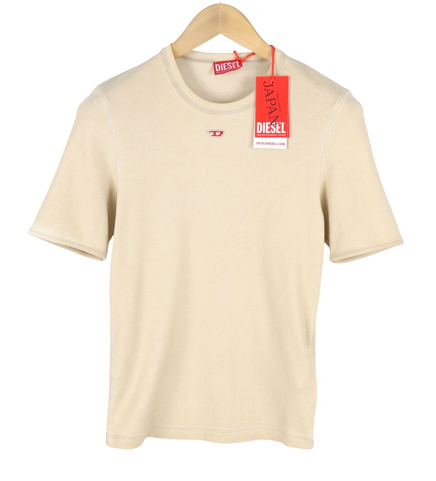 DIESEL JP-T-Ribber-Round-D Women T-Shirt L Beige Washed Japan Fitted RRP150