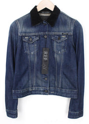 REPLAY Women Jacket S Blue Pure Cotton Denim Washed Collared Long Sleeve Cropped