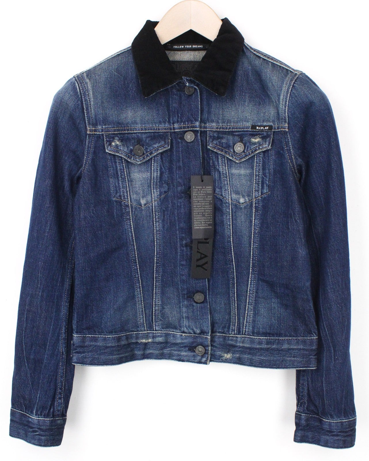 REPLAY Women Jacket XS Washed Blue Pure Cotton Long Sleeved Cropped Denim