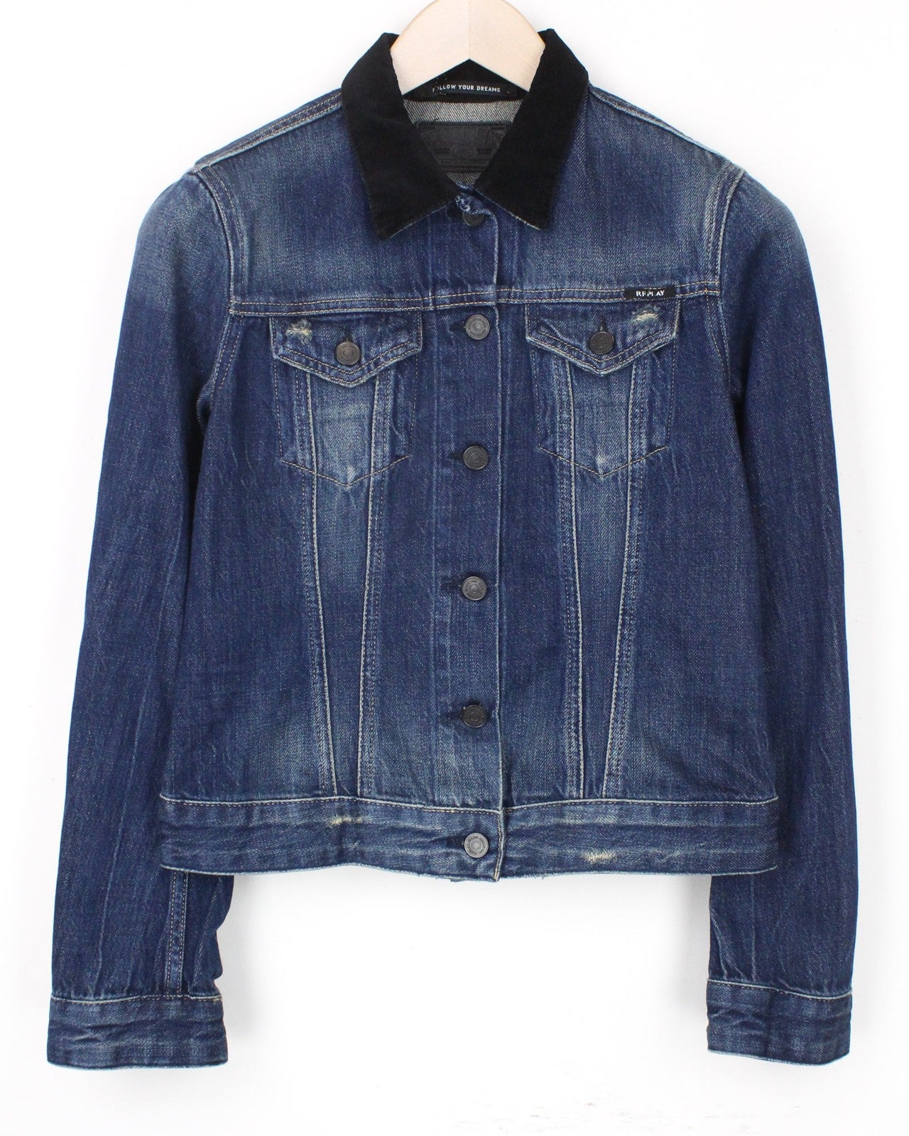 REPLAY Women Jacket S Washed Blue Collared Cotton Long Sleeve Cropped Denim