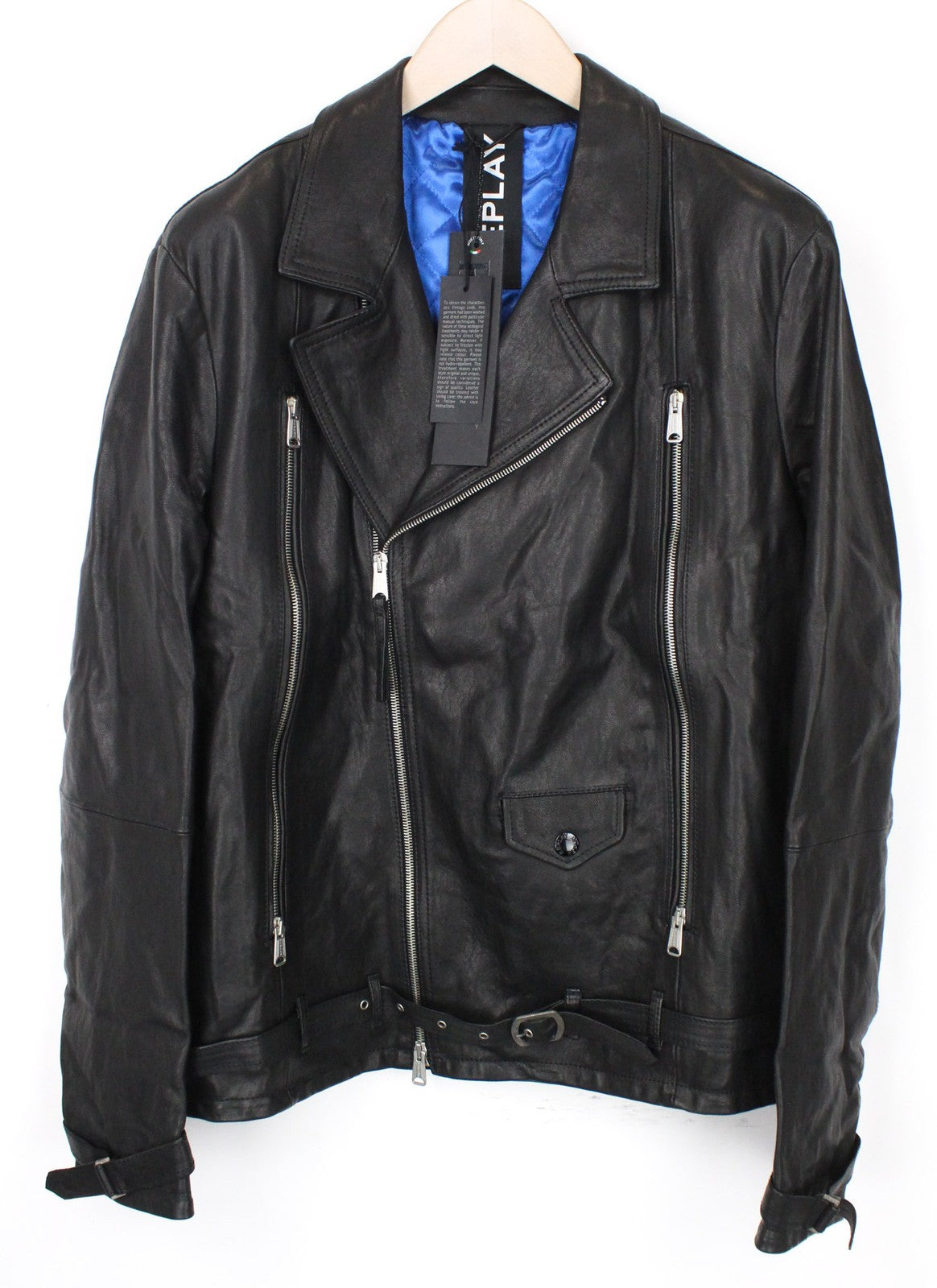 REPLAY Men Jacket XL Black Genuine Lambskin Leather Zipped Single-Breast RRP499