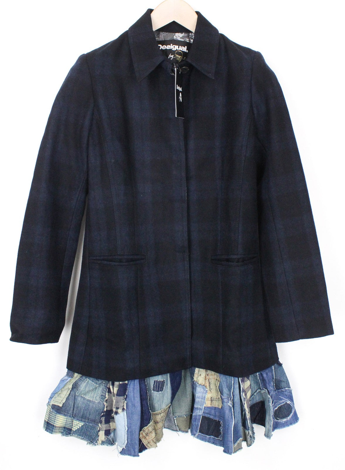 DESIGUAL Snowrobot Women Coat 38 Blue Wool Cotton Blend Checked Single-Breasted