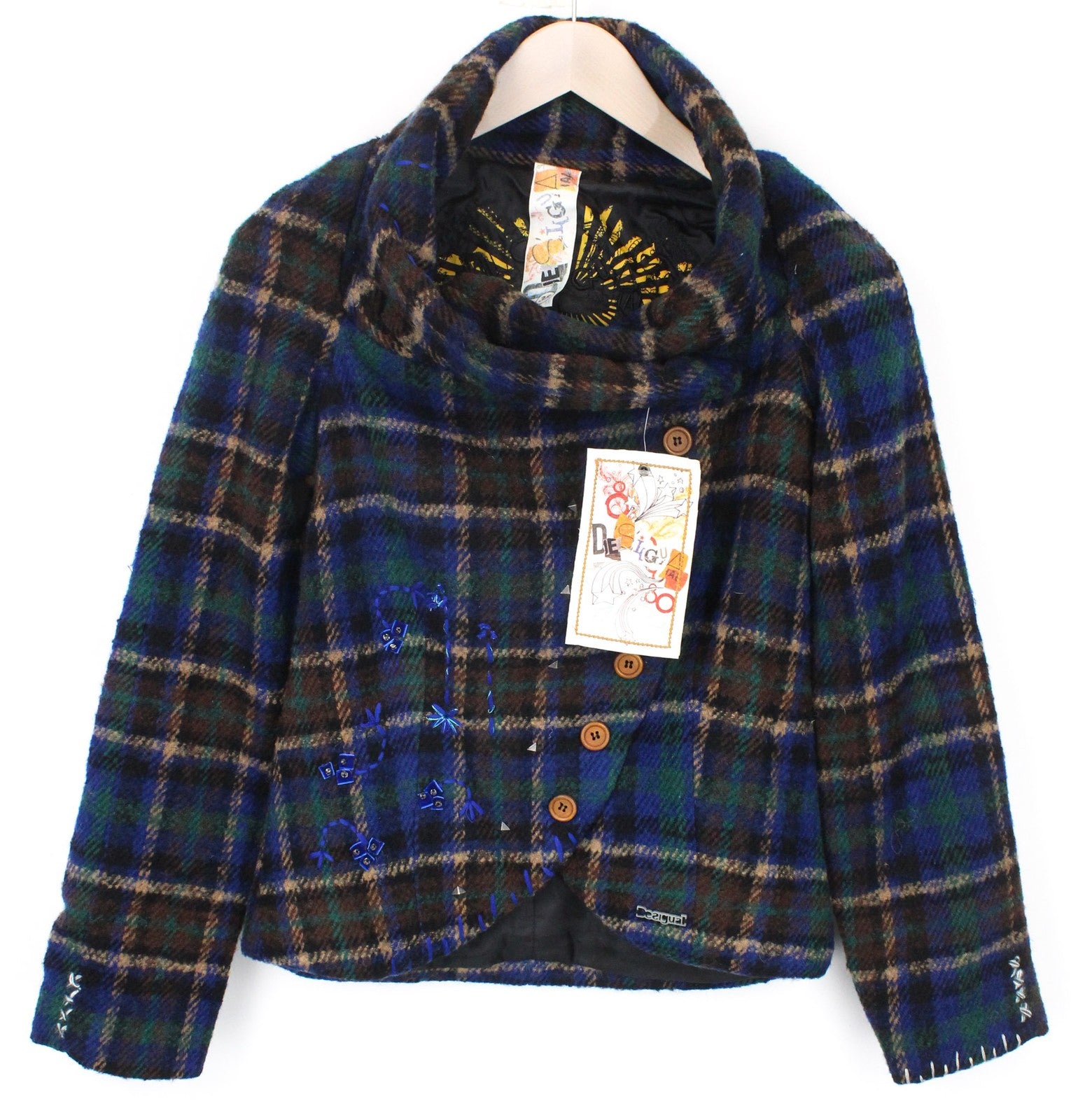 DESIGUAL Mula Women Coat EU38 Blue Check Embroidered Wool Blend Designer Logo