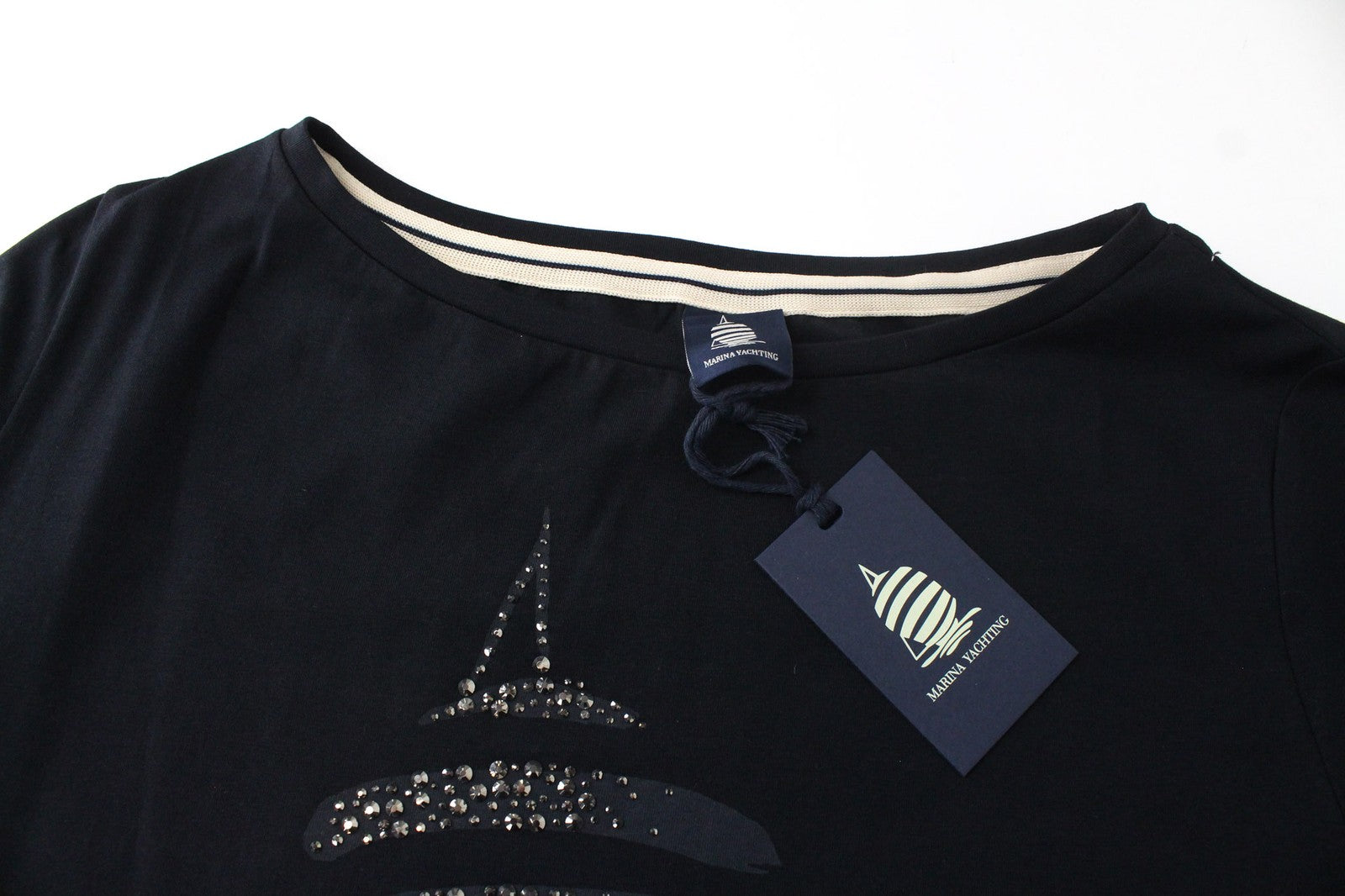 MARINA YACHTING Men T-Shirt L Pull On Jersey Crew Neck Rhinestones Logo Black