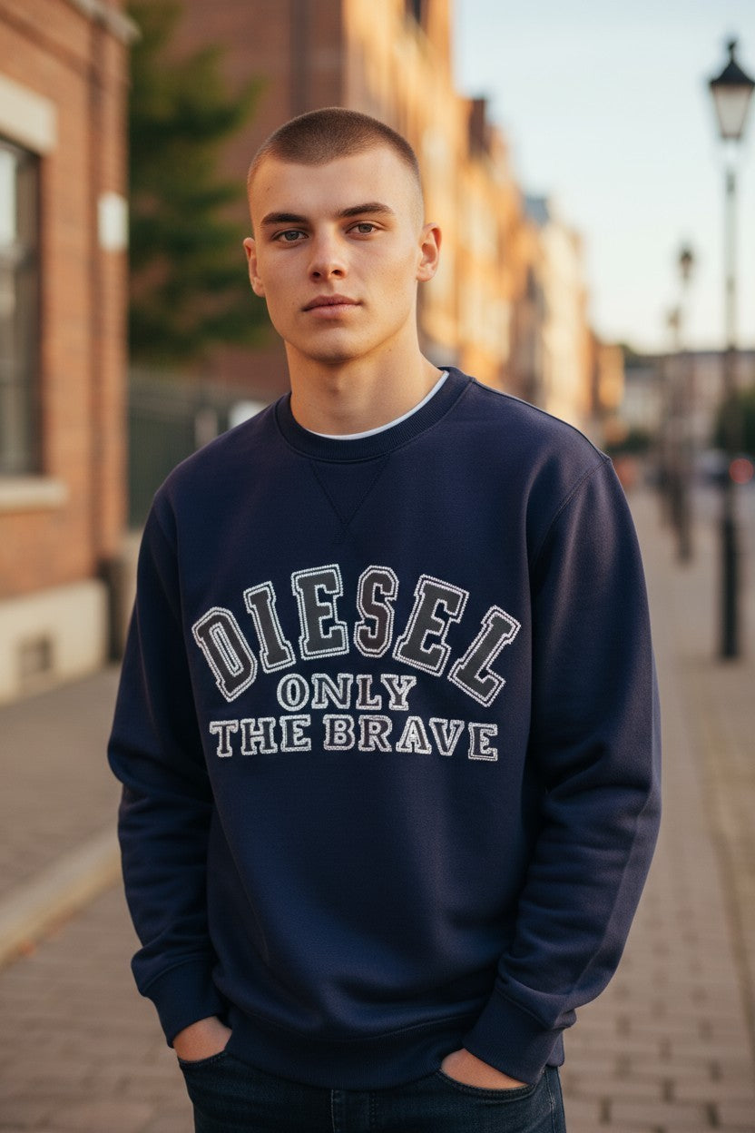 DIESEL S-Joe-B Felpa Men Sweatshirt L Navy Blue Crew Neck Fleece Classic Jersey